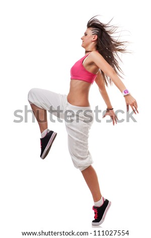 Side view of a young breakdancer in leaping pose, isolated on white