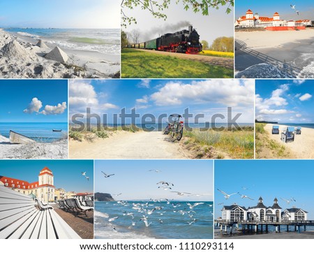 Romantic island Rugen on Baltic sea off German coast. Set of nine pictures with vintage train that takes tourists to resort towns and sandy beaches.
