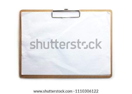 Horizontal clipboard with real life use condition blank white paper. Isolated on pure white. High resolution.