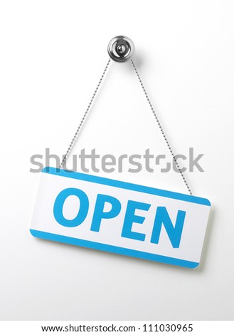 a process blue angled open door sign on a silver chain on a white background