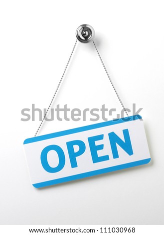 a process blue angled open door sign on a silver chain on a white background