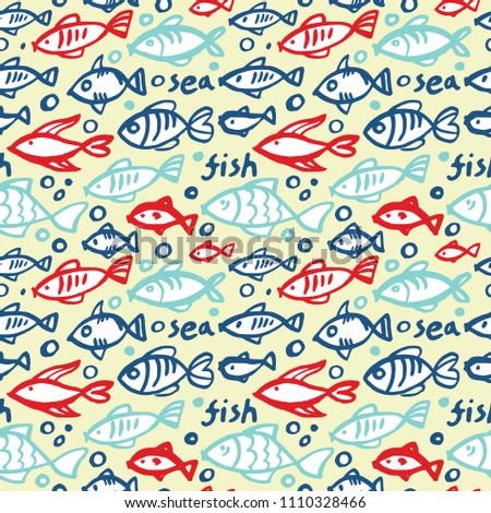 Vector seamless pattern with hand drawn fish species made with ink. Grunge drawing, graphic style. 