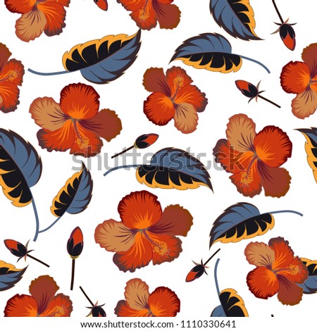 Vector hibiscus flowers seamless pattern. Seamless Floral Pattern in brown, white and orange colors.