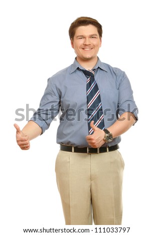 A smiling man showing thumb up sign, isolated on white background