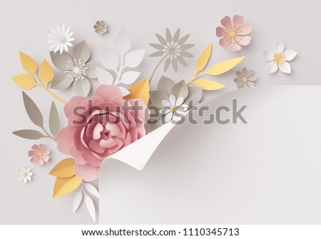3d render, pastel paper flowers, botanical background, corner element, page curl, fashion, beautiful bouquet, floral arrangement, baby shower invitation, pink rose, peony, daisy, yellow leaves