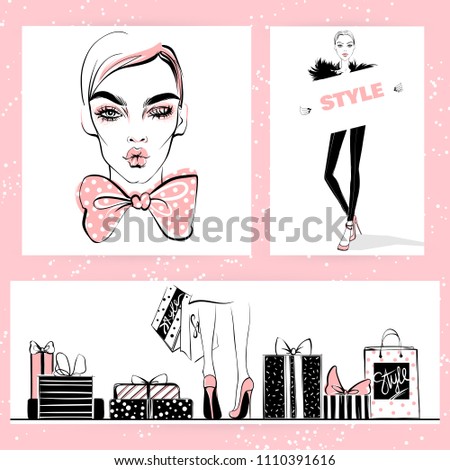 Set of Fashion illustration. Vector stylish girls. Beautiful girl portrait in sketch style. Female legs in high heels. Trendy Design for sale, discount, advertising, store. Woman beauty face.