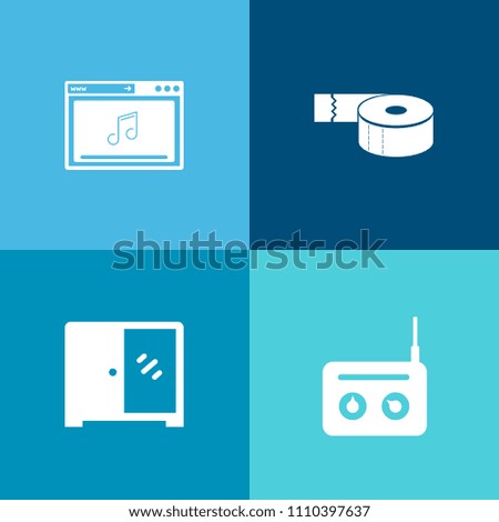 Modern, simple vector icon set on colorful background with wood, room, retro, image, element, cabinet, digital, interior, studio, microphone, furniture, web, technology, volume, music, radio icons