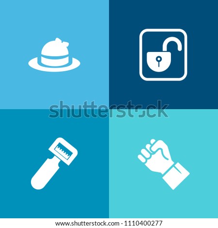 Modern, simple vector icon set on colorful background with connection, utensil, cap, clothing, robot, secure, headwear, sport, protection, safe, concept, peeler, visor, sign, business, lock, arm icons