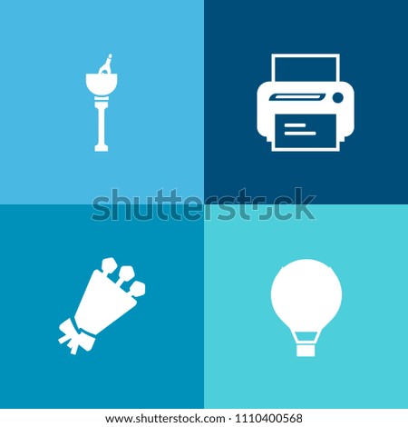 Modern, simple vector icon set on colorful background with floral, champagne, skydiver, computer, flower, extreme, sky, cold, alcohol, print, technology, business, sport, ice, bottle, skydiving icons