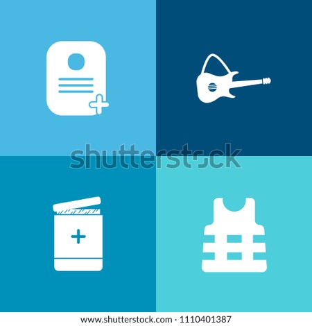 Modern, simple vector icon set on colorful background with musical, sign, instrument, medical, safe, business, card, ship, safety, user, vest, id, concert, rock, computer, electric, black, drug icons