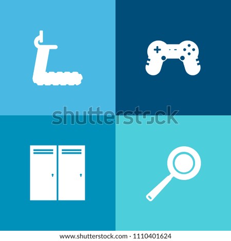 Modern, simple vector icon set on colorful background with joystick, room, open, kitchen, console, play, treadmill, healthy, cooking, sport, skillet, running, technology, game, house, exercise icons
