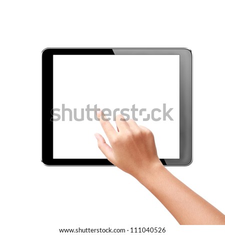 hand touching virtual screen a tablet with isolated screen + Clipping Path