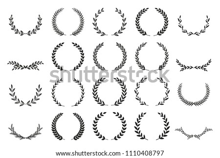 Collection of different black and white silhouette circular laurel foliate, wheat and oak wreaths depicting an award, achievement, heraldry, nobility. Vector illustration. Royalty-Free Stock Photo #1110408797