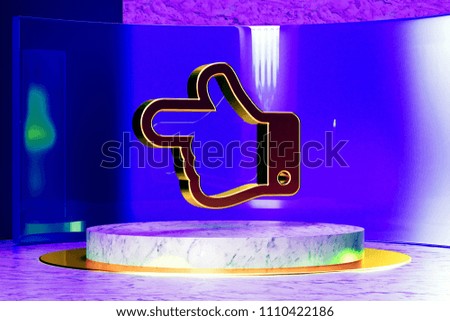 Golden Hand Left Icon on the Marble and Blue Glass. 3D Illustration of Golden Arrow, Back, Direction, Finger, Hand, Left, Navigation Icon Set in the Blue Installation.