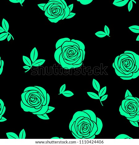 Seamless texture of green roses and branches on a black background
