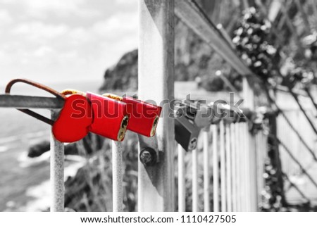 red love padlocks at Riomaggiore village Cinque Terre Italy - black and white photography