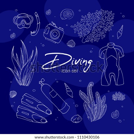 Diving eqiupment banner deep blue design. Collection of doodle symbols: diving suit, mask, flippers, underwater camera, seaweed, coral. Underwater hand-drawn illustration with symbols of diving. 