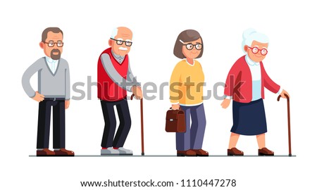 Senior women and men standing and walking with sticks. Elderly people cartoon characters set. Old age. Flat style vector illustration isolated on white background Royalty-Free Stock Photo #1110447278