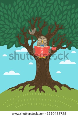 Wise owl reading book on tree. Reading, studying, learning, story time, summer education concept. Children's vector illustration.