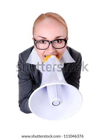 Comic picture of a business woman shouting  loud into a megaphone
