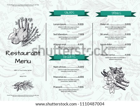 Vector horizontal restaurant or cafe menu template with hand drawn herbs and spices illustration. Design sketch herb and green organic