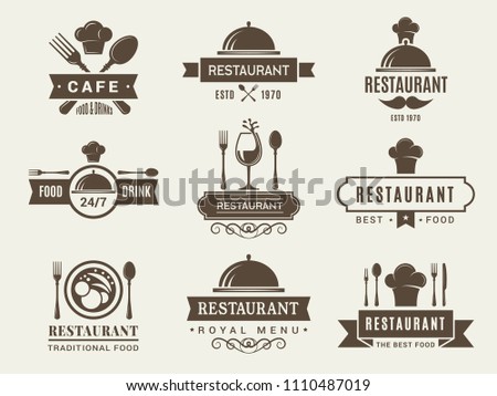 Logotypes and badges for restaurant of set. Vector traditional emblem for menu cafe illustration