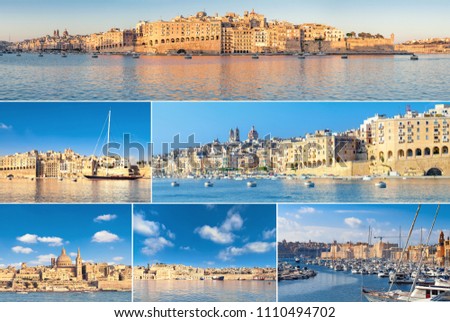 Romantic cityscapes of the Grand Bay in Malta, on a bright day. Set of seven pictures of Valetta and the Three Cities. 
