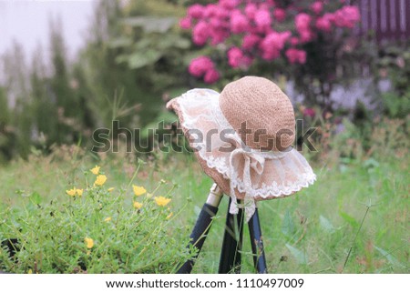 woman's hat and tripod on the lawn home.