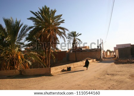 Arab woman walking in a rural street of a small village with dates palmtrees in the garden. Royalty-Free Stock Photo #1110544160