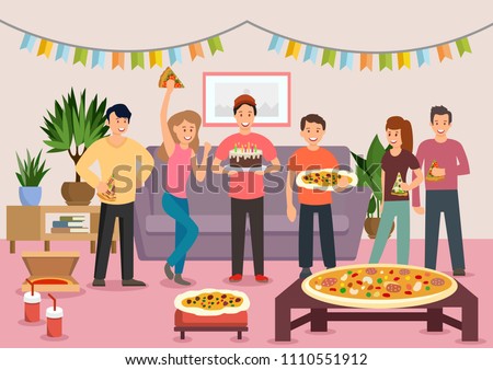 Cartoon group of cheerful people eating pizza at birthday party. Celebration. Vector illustration. Clipart. Flat style.
