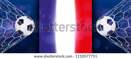 Soccer or Football wide Banner With 3d Ball on blue background and flag of france. Football game match goal moment with realistic ball in the net and place for text.