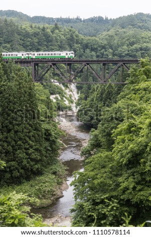 Tadami railway line and Tadami River in summer season at Fukushima prefecture.