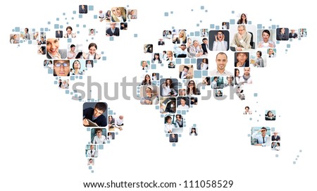 Collection of different people portraits placed as world map shape Royalty-Free Stock Photo #111058529