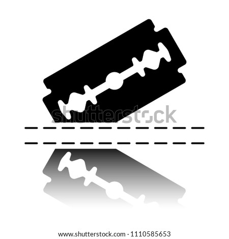 razor blade and cutting line. simple single icon. Black icon with mirror reflection on white background