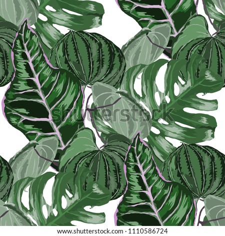 Seamless pattern with tropical leaves: palms, monstera, passion fruit. Beautiful allover print with hand drawn exotic plants. Swimwear botanical design. Vector.
