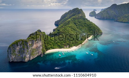 Aerial drone view of Dilumacad (Helicopter) Island in El Nido, Palawan, Philippines Royalty-Free Stock Photo #1110604910