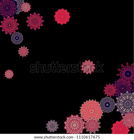 Ethnic Background with Simple Mandalas. Flourish Medallions on Black Ground. Stylish Dark Pattern with Outline Arabesque Motives. Gentle Snowflakes Drawn in Indian Style and Looking as Mandalas.