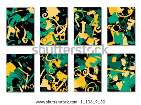 Set of 8 Cover Templates with Bright Brush Strokes on Black Background. Abstract Editable Design in Retro Style of 1990s. Colorful Base For Poster, Banner, Greeting Card or Invitation.