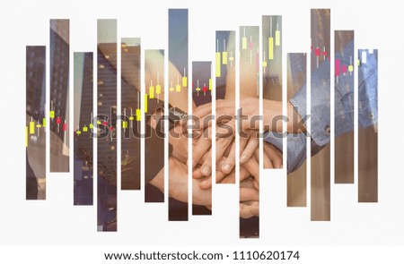 Double exposure photo hands stacking on  background with colorful forex chart and building,city scape.Teamwork, achieve, finance and trade concept. 