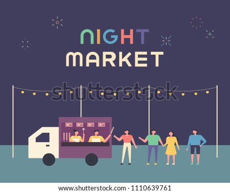 Food trucks in the night market and customer waiting in line. flat design style vector graphic illustration set