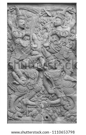 stone carving sclupture of Ramakien Performance male and female guardian angel in the middle of heaven forest isolated on white backgrounds, home decoration backgrounds, thai hindu culture crafting so