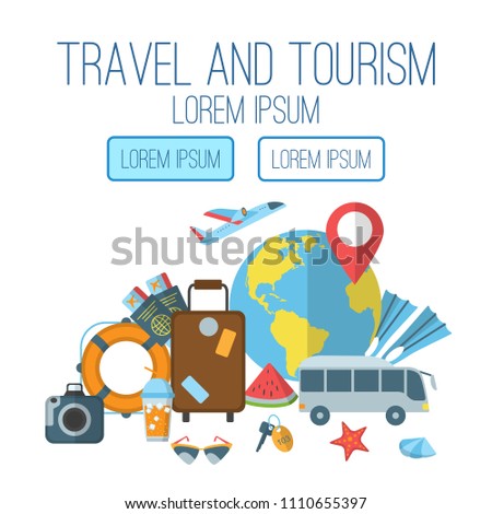 Travel and tourism flat poster with various kinds of transportation and summer symbols vector illustration. Creative design for booklets flayers web site with copy space. Isolated on white background