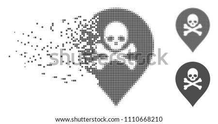 Gray vector death marker icon in dissolved, pixelated halftone and undamaged entire variants. Disintegration effect uses rectangle dots. Elements are grouped into dissipated death marker symbol.