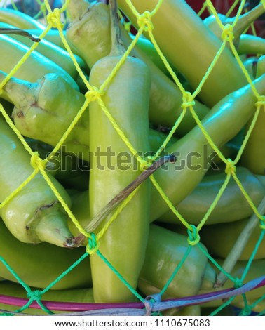 fresh organic green chilly in basket hanging in market of India