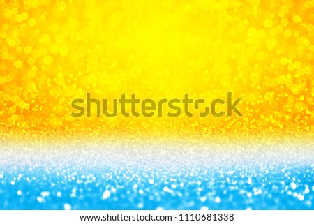 Abstract summer tropics blue yellow sky sunset or sunrise sparkle sun shine burst bokeh party invite or sunny sale island background texture over sea surf, ocean, beach, pool or water bubbles pattern