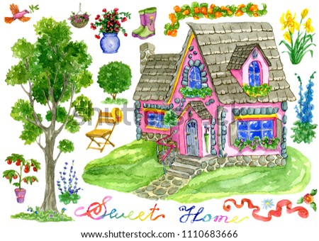 Design set with cute pink old house, garden objects, flowers and lettering isolated on white. Vintage country background with summer landscape, watercolor illustration with clip arts