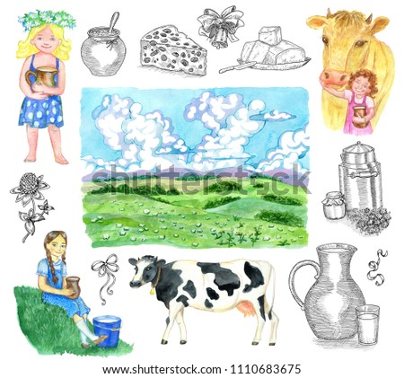 Design set with summer landscape, children drinking milk and dairy products isolated on white. Vintage country background with summer landscape, watercolor illustration with clip arts