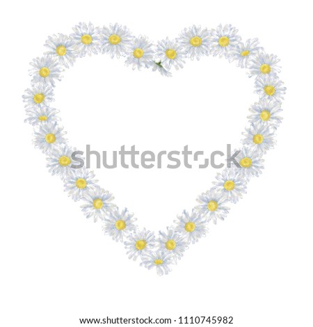 Daisy Heart Wreath Isolated on White Background. Floral Heart Frame for Prints, Announcement, Advertising, Invitation, Poster, Card etc.
