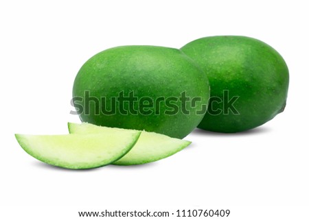 raw green mango and slices on white background