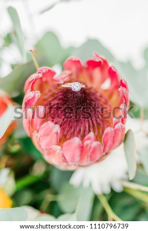 Diamond wedding ring placed in the middle of a dark pink flower with green leaves and flowers in the background as part of a wedding bouquet 